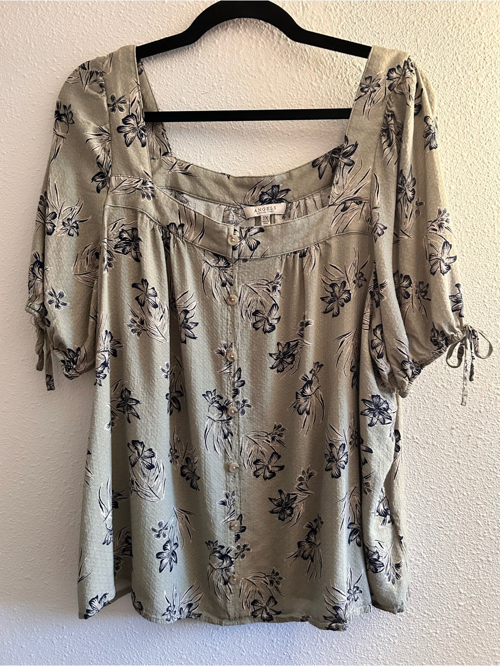 Angels Sage Green Floral Button-Front Square Neck Blouse
